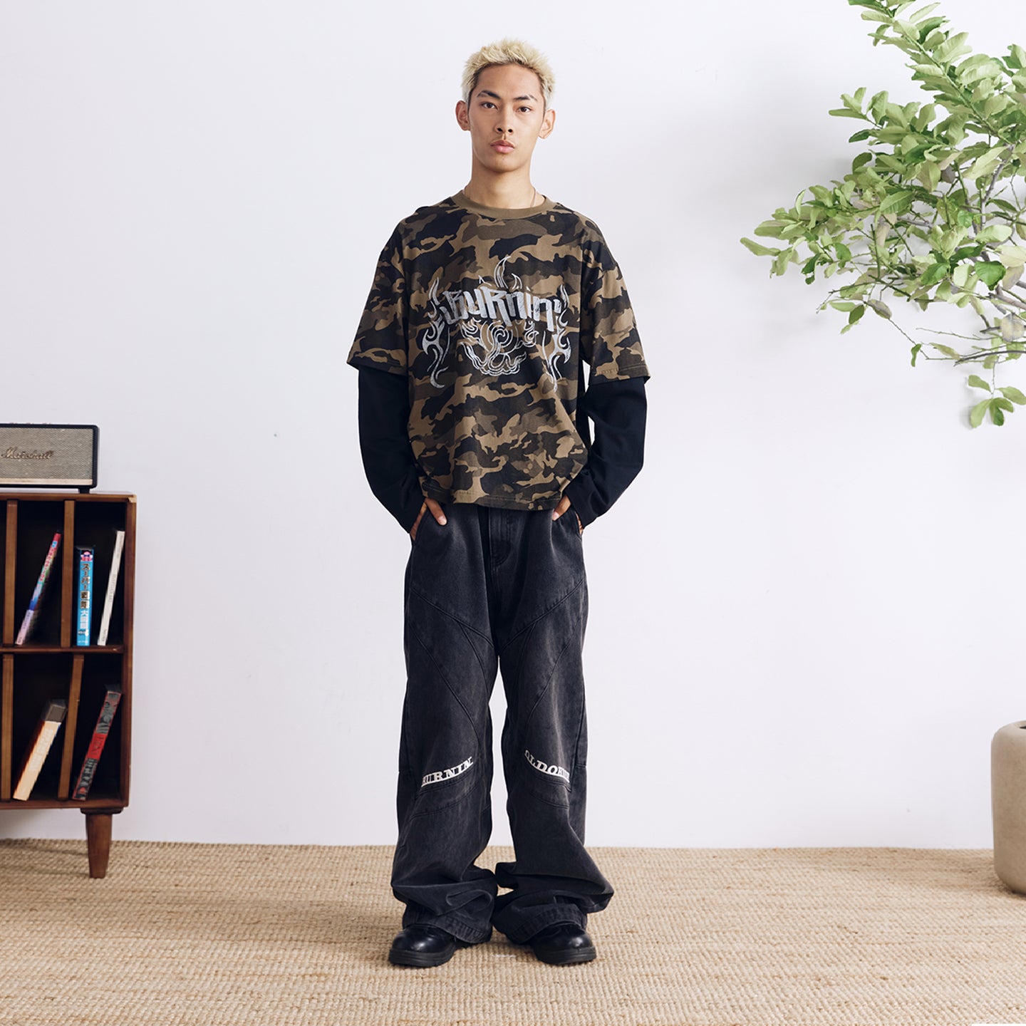BURNIN* “97’series” worn fire pattern fake two-piece T-shirt - PSYLOS 1, BURNIN* “97’series” worn fire pattern fake two-piece T-shirt, T-Shirt, Burnin, PSYLOS 1
